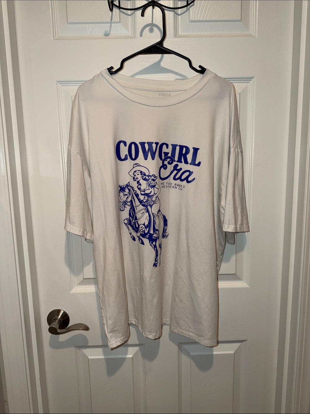 SHEIN White Tee with Blue Cowgirl Graphic